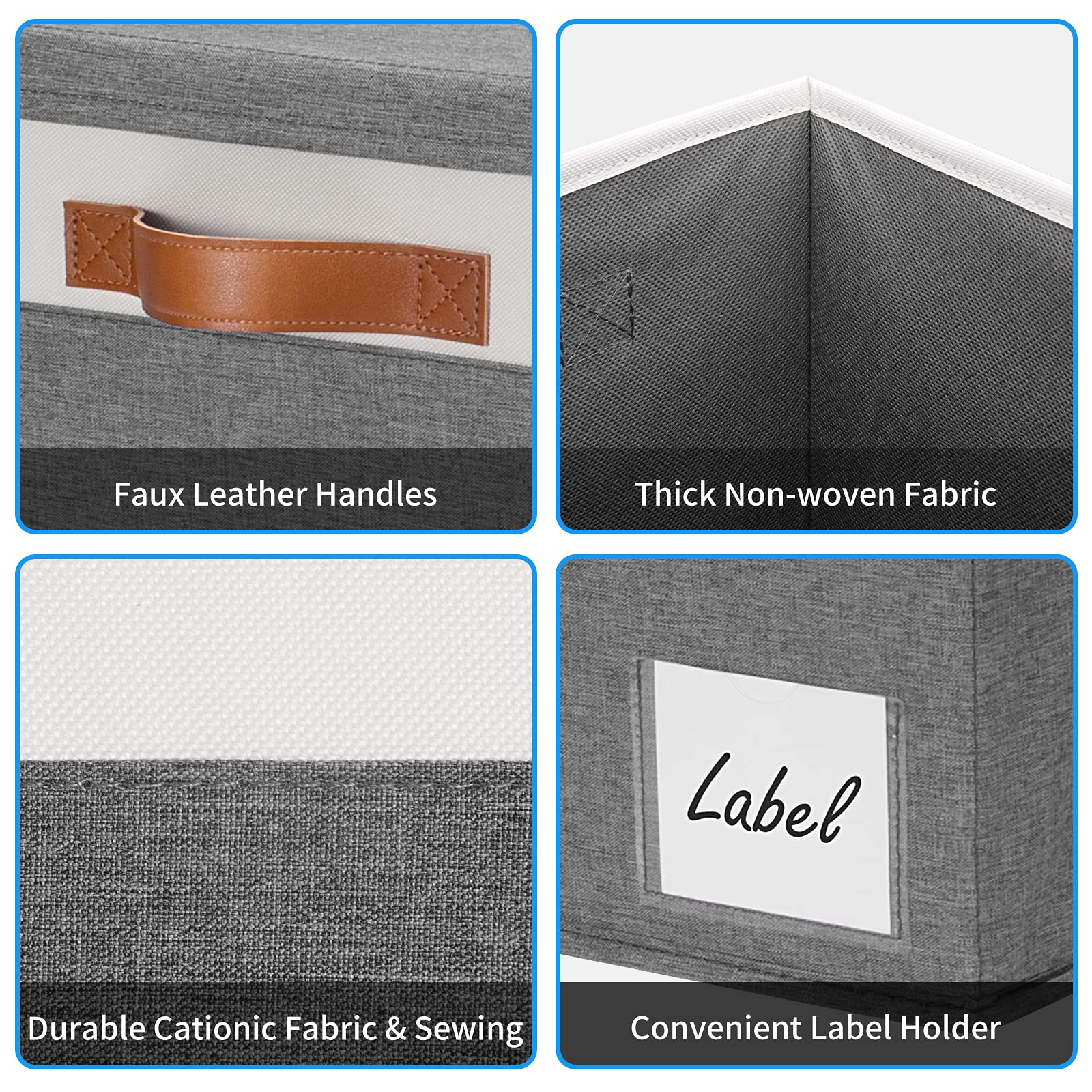 GhvyenntteS Fabric Storage Bins with Lids (3-Pack) Large Closet Storage Bins with Lid and 3 PU Handles  Foldable Fabric Storage Boxes with Label Window for Home Bedroom Office (Grey  15'' x 11'' x 9.7'')